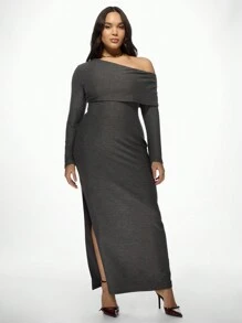 MISSGUIDED PLUS Plus Size Off-Shoulder Maxi Dress With Side Slit Elegant Long Sleeve Evening Party Winter Fall Wedding Guest Floor Length Bodycon - Grey - View 1
