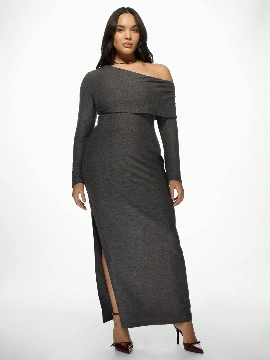 MISSGUIDED PLUS Plus Size Off-Shoulder Maxi Dress With Side Slit Elegant Long Sleeve Evening Party Winter Fall Wedding Guest Floor Length Bodycon - Grey - View 1