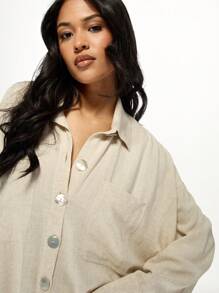 MISSGUIDED Camicione leggero in lino con bottoni, manica lunga, casual, ideale per la transizione dalla primavera all'estate e all'autunno, adatto per l'ufficio e il tempo libero - Cachi - Visualizzare 6