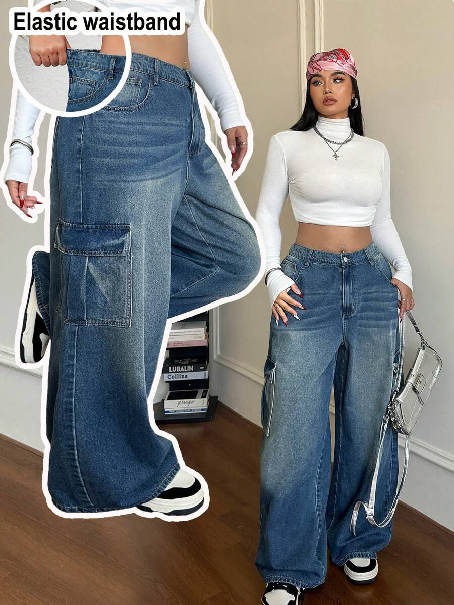 SHEIN CURVE+ 女式大码蓝色牛仔裤 松紧腰带直筒工装裤 夏季牛仔裤 休闲街头服饰 - 中等水洗藍 - 查看 1