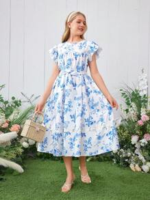 Elegante vestido para niñas adolescentes con estampado floral azul y encaje