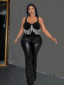 Maweii Women Plus Size Elegant Solid Color Glittery Rhinestone Decor Fashionable Camisole Top, Versatile For Party And Gathering, Spring/Summer - Black - View 6