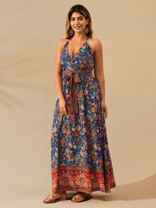 Breezaya Plus Size Women Floral Print Vintage Halter Neck Dress, Vacation Style - Multicolor - View 4