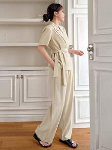 DAZY Solid Color Loose Short Sleeve Belted Suit Pants Women 2 Pieces Set Business Attire - Apricot - View 6