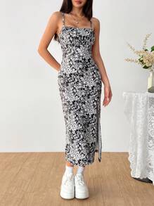 Muchica 女士度假侧开衩下摆吊带背心花卉瓷器印花连衣裙 - 黑色 - 查看 6