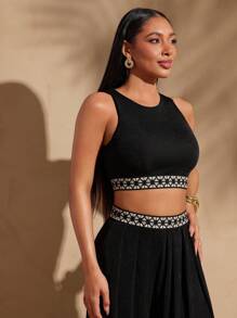 Vixey Decorative Band Cut Out Back Cropped Tank Top, Summer Tops, Boho, Boho Women Clothing, Beach Outfits For Women, Summer Outfits For Women, Spring Outfits For Women, Island Vacation Outfits - Black - View 4