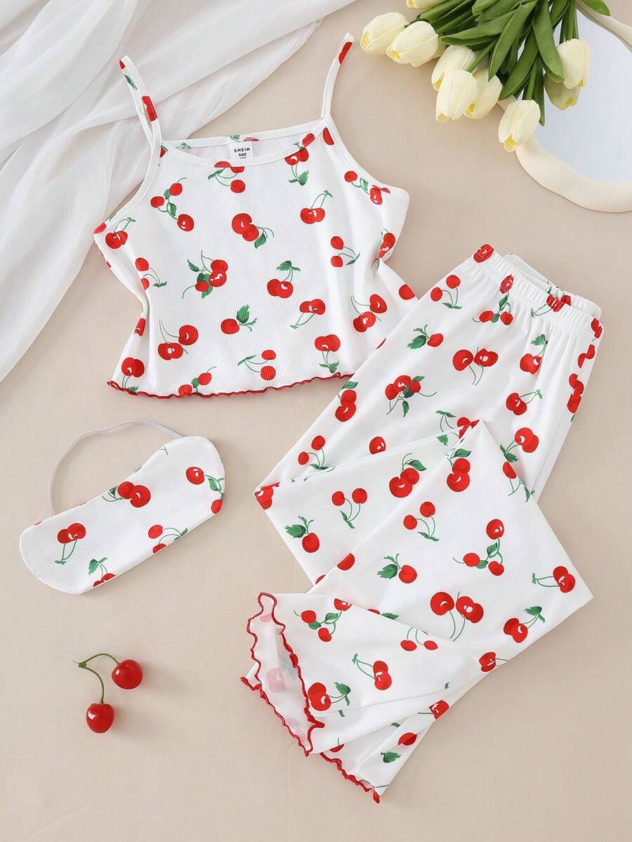 女童水果和樱桃印花背心、裤子、眼罩、红色撞色边饰休闲套装，夏季 - 彩色 - 查看 1
