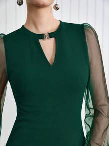 BizChic Summer New Women Crew Neck Metal Button Knit Top, Organza Sheer Green Blouse, Business Casual Daily Commute Wear, Elegant For Beach Holiday, Suitable For Wedding Guest, Country Music Festival, Brunch, Airport, 134S Old Money Stockholm Style, US Independence Day - Dark Green - View 6