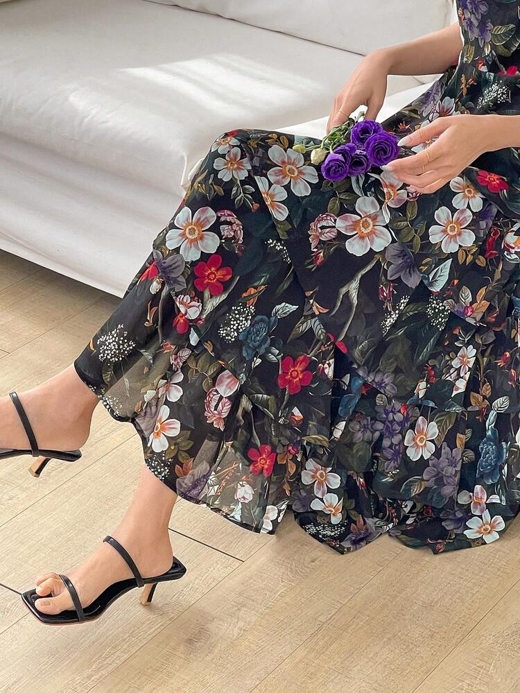 Women's Floral Print Casual Mini Dress, Loose Fitting Short Sleeve Knee Length Maxi Dress Boho