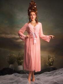 PinupGlam Retro Palace-Style Satin Mesh Lace Women Nightgown