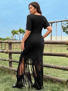 Flirla 大码波西米亚风圆领短袖连衣裙，带流苏下摆，适合夏季 - 黑色 - 查看 2