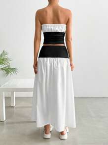 SHEIN EZwear 2pcs Women's Colorblock Ruched Bandeau Top And Skirt Set - Black and White - View 2