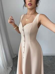 Elenzga Vestido elegante francés de mujer de corte princesa con cintura ceñida y espalda descubierta, para primavera y verano - Caqui - Ver 4