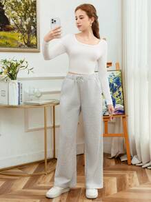 2pcs/Set Teenager V-Neck Slim Fit Long Sleeve Base Layer Top And Loose Waist Casual Sports Pants Suit