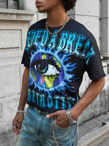 PAVTROS 男士图案 T 恤，Manfinity EMRG 街头风格大眼蓝色火焰金属牙齿深色破旧街头宽松 T 恤，渐变字母印花图案 T 恤男士图案 T 恤男士 - 黑色 - 查看 6