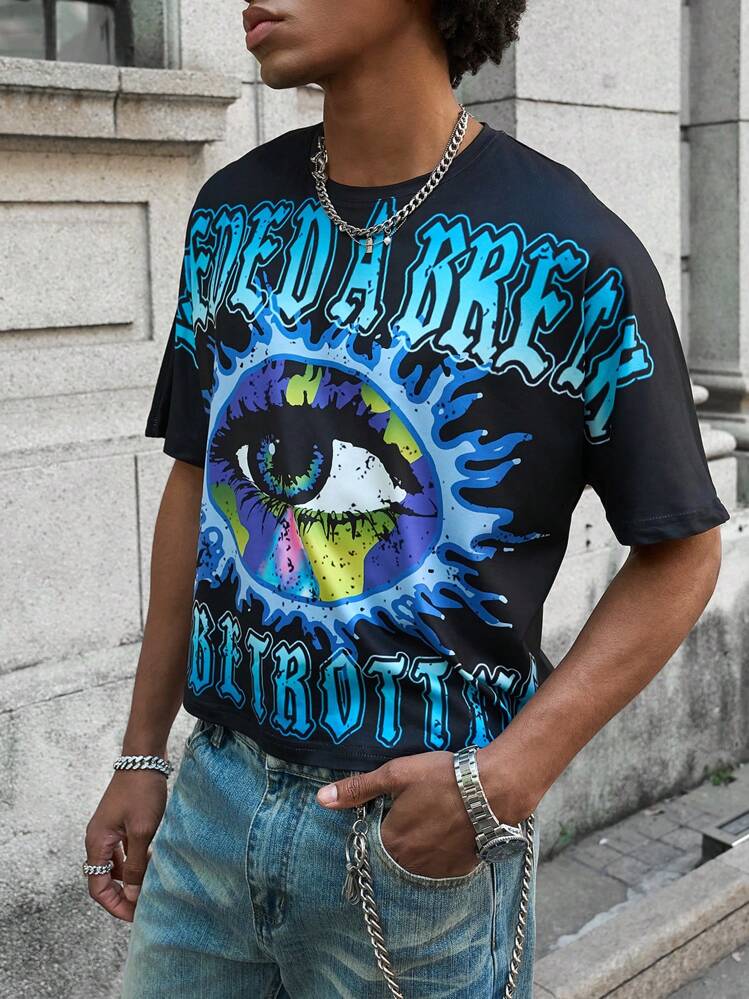 PAVTROS Manfinity Streetrush Men's Graphic T-Shirt, Manfinity EMRG Street Style Big Eye Blue Flame Metal Teeth Dark Distressed Street Loose Tee, Gradient Letter Print Graphic Tee Men Graphic T Shirt Men - Black - View 6