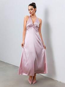 Calvaya Vestido de satén con escote en V y lazo en la parte trasera para mujeres