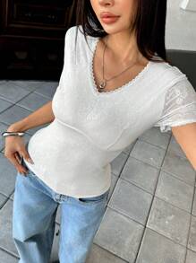 SHEIN Unity Women's Elegant Romantic Casual Lace Short Sleeve T-Shirt, Spring & Summer - White - View 4