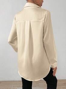EMERY ROSE Women Plain Satin Simple Shirt, Asymmetric Hem Fall Cloth For Women - Apricot - View 2