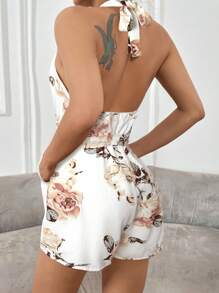 SHEIN VCAY Bộ đồ liền thân cổ yếm in hoa cho nữ đi nghỉ hè - trắng - Xem 2