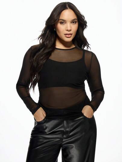 MISSGUIDED MISSGUIDED PLUS Top transparente de manga larga con malla, de diseño moderno en capas, elástico, de estilo casual, de fiesta, de club y declaración para la noche
