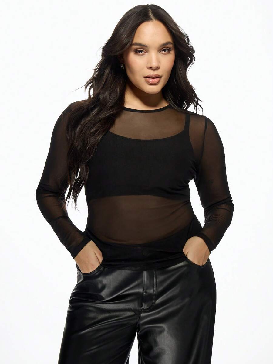 MISSGUIDED PLUS Mesh Long Sleeve Sheer Top Stretch Modern Layer See-Through Fashion Casual Party Club Statement Evening - Black - View 1
