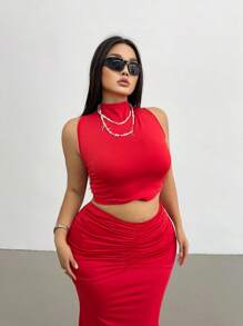 Flirla Plus Size Women 2pcs/Set Waist Skirt & Casual Top - Red - View 4