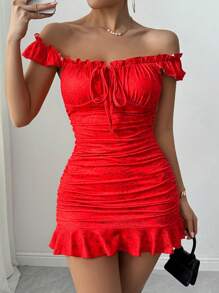 VaVaBold Vestido elegante con estampado floral, volantes en el bajo, atado al frente y hombros al descubierto para vacaciones y playa para mujeres - Rojo - Ver 7