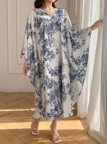 DAZY 女士全身印花宽松中长连衣裙，秋季长袖连衣裙，度假装扮，女士复活节长款连衣裙 - 藍色 - 查看 4