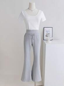 Tween Girls' Solid Color Belted High Waist Flare Knit Pants