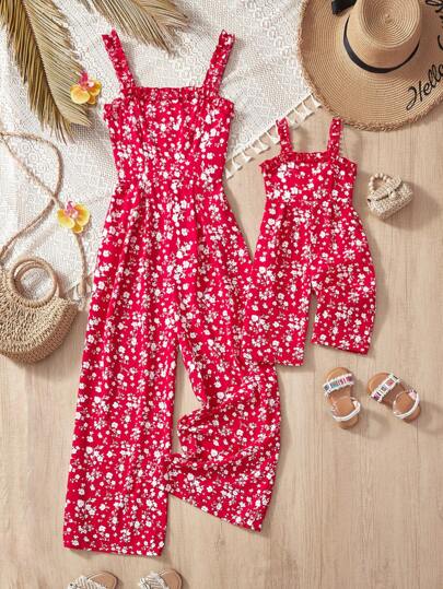 SHEIN 女婴碎花印花吊带背心和短裤套装，可爱夏季度假风