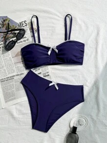 SHEIN 少女海军蓝蕾丝边拼色可爱蝴蝶结装饰海滩度假比基尼套装 - 藏蓝色 - 查看 1