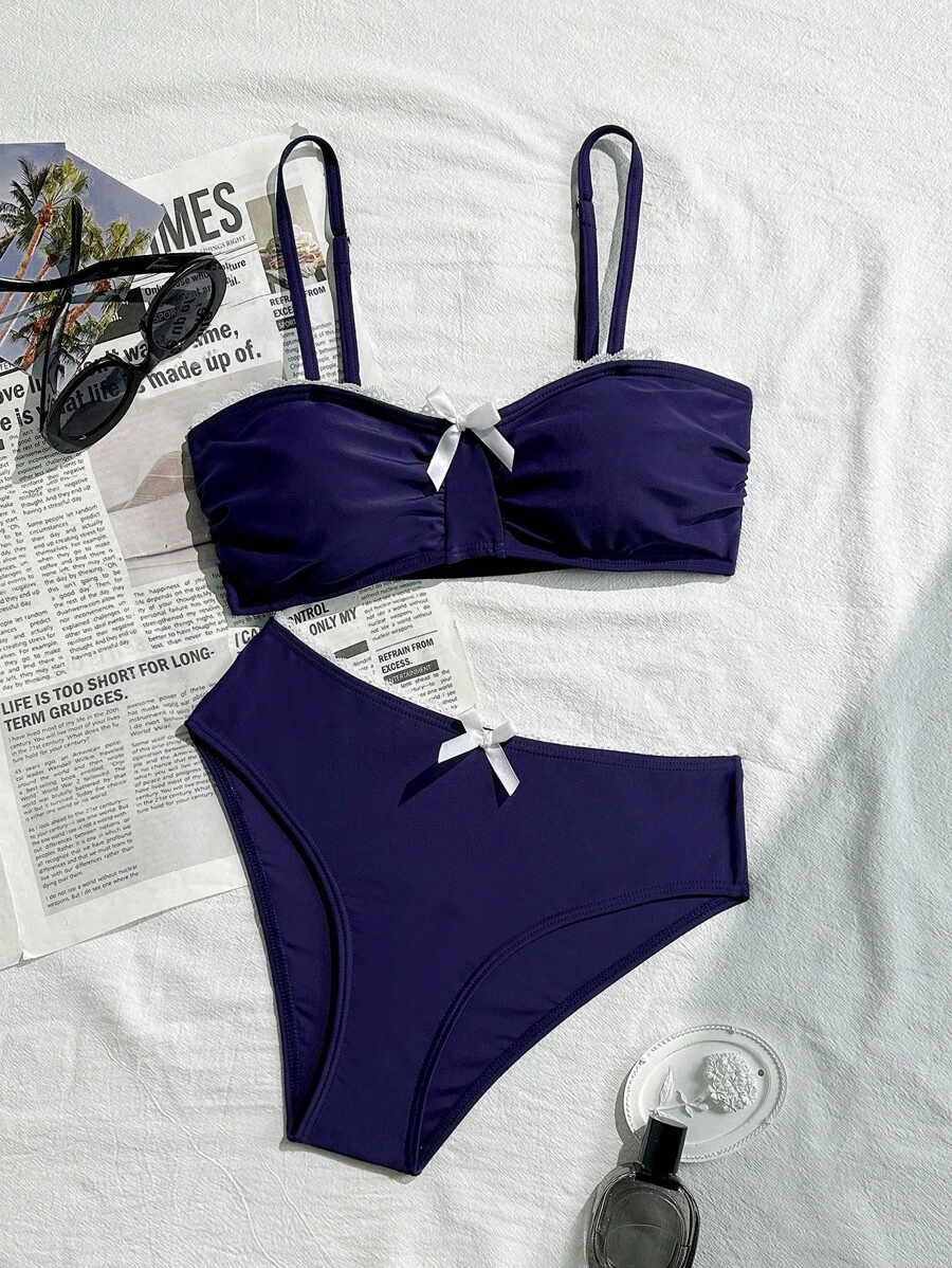 SHEIN 少女海军蓝蕾丝边拼色可爱蝴蝶结装饰海滩度假比基尼套装 - 藏蓝色 - 查看 1