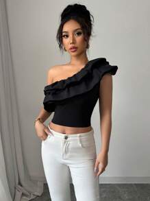 Elenzga Áo thun nữ thanh lịch thanh lịch màu trơn cổ áo bất đối xứng viền xếp nếp cắt ngắn - màu đen - Xem 5
