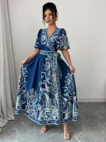 Elenzga Women's Vacation Paisley Print V-Neck Ruffle Sleeve Dress - Multicolor - View 1