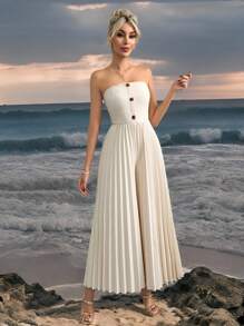 SHEIN Clasi Women's Elegant Pleated Strapless Apricot Color Wide Leg Long Jumpsuit, Fashion Streetwear For Vacation Outfits Woman Summer Outfits For Women Beach Outfits For Woman Mardi Gras  Beach Vacation Wear  BohoJumpsuit Women Western Wear Women Festival  Old Money