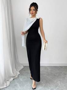 Elenzga Đầm dài in hoa có cổ khăn choàng - màu đen - Xem 4