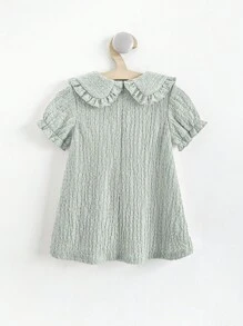 Cozy Pixies Baby Girl Decorated Bow Peter Pan Collar Short Sleeve Cinched Waist Dress - Green - View 2