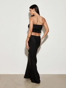 AiiRZ Conjunto de top corto tipo bandeau de lino y falda maxi de cintura alta - Conjunto elegante de coordinado para verano, vacaciones en la playa, fiestas y ocasiones especiales - Negro - Ver 2