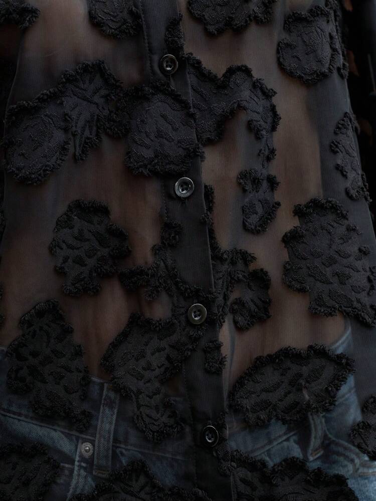 SHEIN Maija Women's Black Semi-Sheer Texture Button Front Long Sleeve Shirt, Casual Daily Wear Loose Blouse Going Out