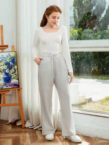 2pcs/Set Teenager V-Neck Slim Fit Long Sleeve Base Layer Top And Loose Waist Casual Sports Pants Suit