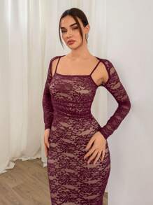Aloruh Damen sexy elegantes Bodycon-Kleid mit Spitze, quadratischem Ausschnitt und Langarm in Weinrot, elegantes romantisches Kleid, Geburtstagskleider für Damen, elegante Damenkleider - Bordeaux - Übersicht 5