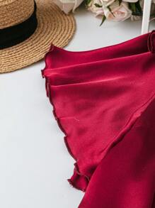 SHEIN LUNE Blusa roja holgada de mujer talla grande con cuello en V, mangas cortas con volantes y lazo - Rojo - Ver 4