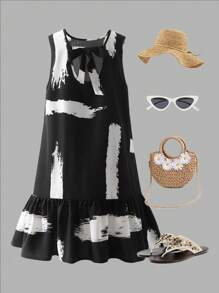 SHEIN Leap Crew Tween Girls Casual Woven Geometric Striped Print U-Back Bow Decor Loose Sleeveless Dress, Suitable For Spring/Summer, Spring Vacation, Country Style, Casual Outing, Back To School - Black - View 7