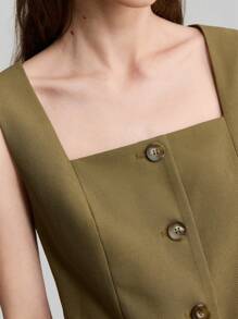Ontre Conjunto de falda y chaleco de cuello cuadrado, de tela de lino, estilo resort, color verde militar, conjunto de uso diario, conjunto de chaleco sin mangas, traje de mujer