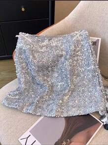 SHEIN Clasi Spring/Summer Sequins A-Line Mini Skirt With Zipper For Women - Silver - View 1