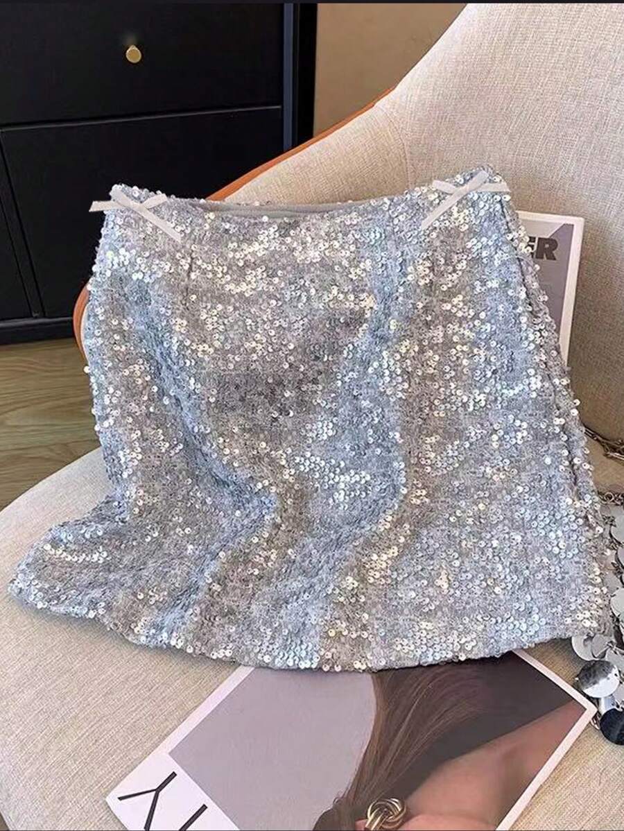 SHEIN Clasi Spring/Summer Sequins A-Line Mini Skirt With Zipper For Women - Silver - View 1