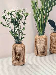 1pc Woven Cylindrical Glass Vase, Home Desktop Decorative Planter - Brown - View 7