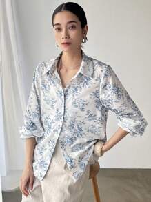 FRIFUL 女式碎花领长袖休闲衬衫，春季办公室服装