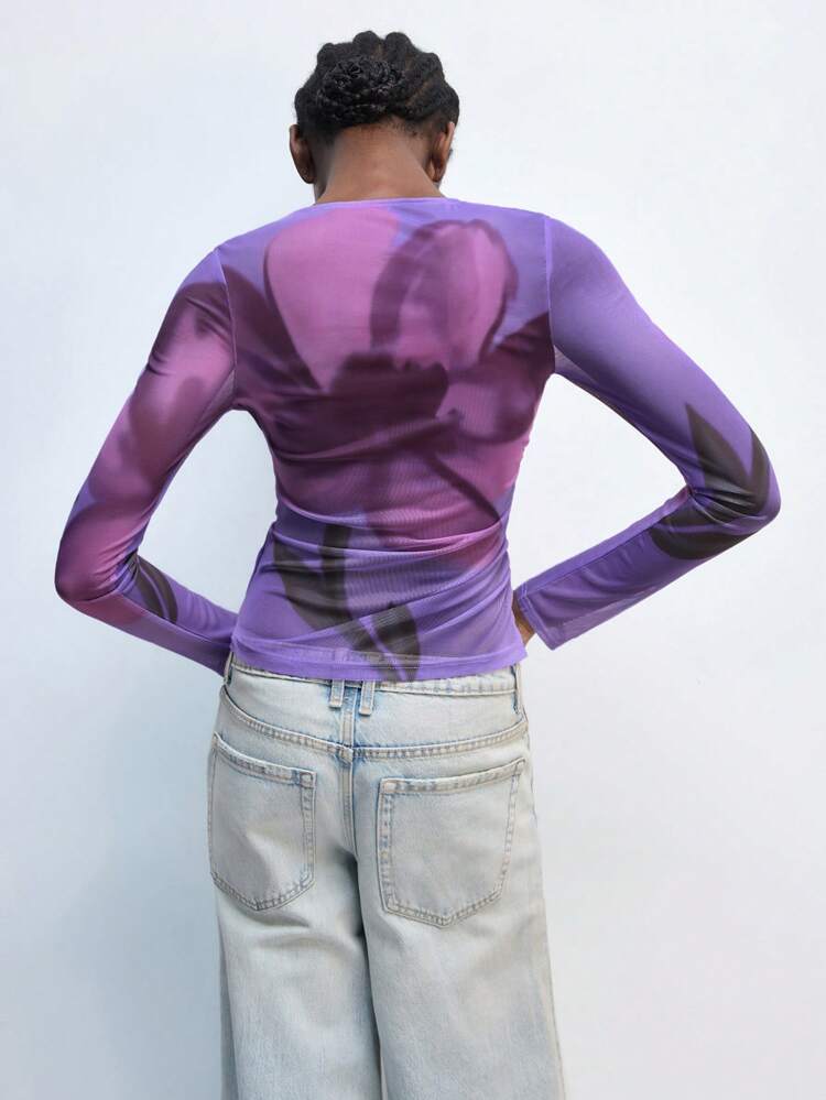 SHEIN Maija Valentine's Day Women's Spring And Summer New Purple Flower Print Elegant Modern Urban Daily Casual Tops T-Shirts Suitable For Going Out Festival Party Date Party Wedding Music Festival 90s Women's Retro Bohemian